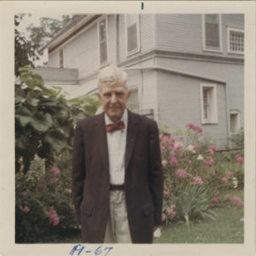 Dale Dorney in a bow tie in his garden