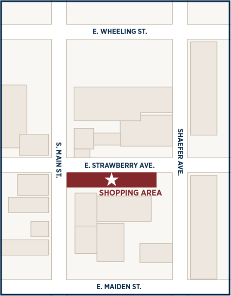 Map of Strawberry Alley (E. Strawberry Ave) in downtown Washington, Pennsylvania, shown between South Main Street and Shaefer Ave. The shopping area is off to the side of East Strawberry Ave.