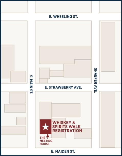 Map of 182 South Main Street, The Meeting House, in downtown Washington, Pennsylvania, showing its location along South Main Street, near E. Maiden Street, with an inset map indicating its position within the city. The Meeting House is the start of the Whiskey and Spirits Walk registration.