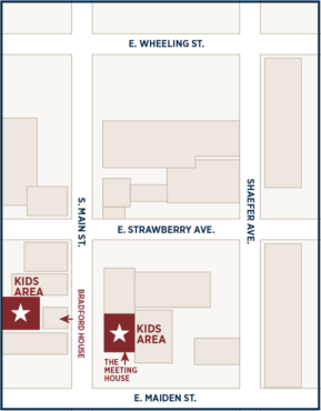 Map of the Kid’s Area for the festival. There are two locations, one behind the Bradford House and the other at The Meeting House, in downtown Washington, Pennsylvania.
