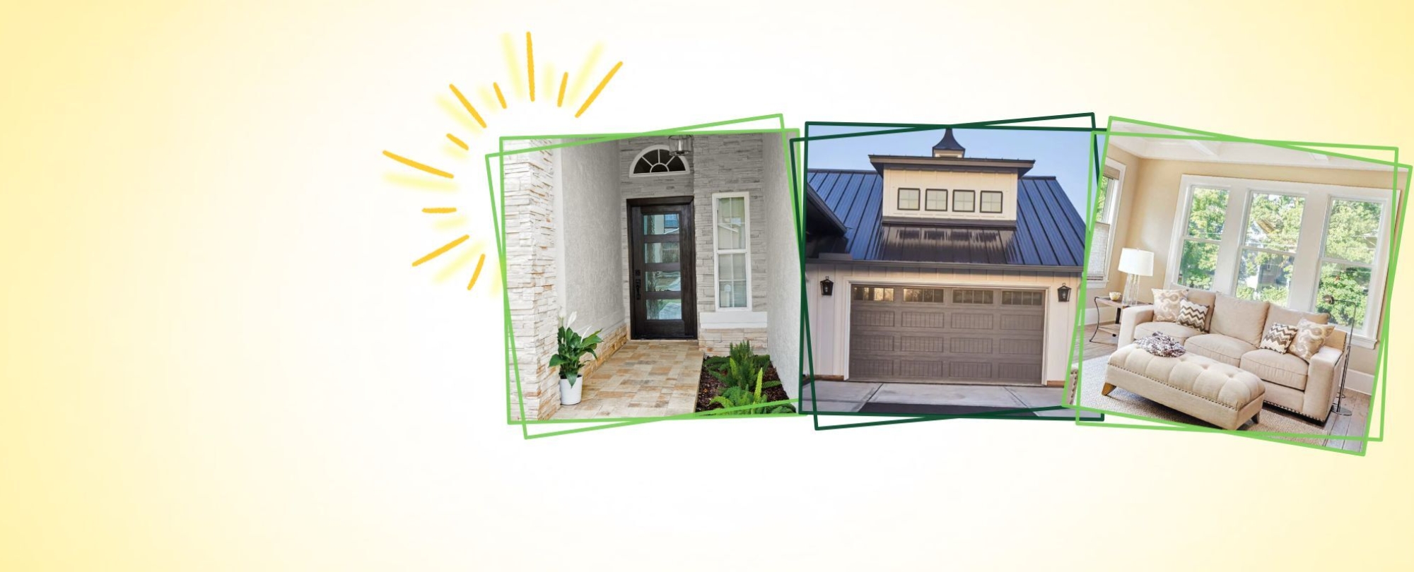 Photo of a front door, garage door and interior home windows