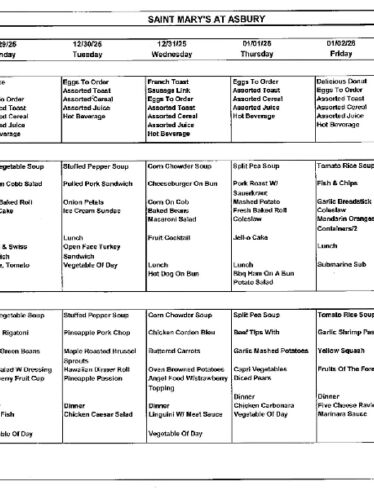 Dining Room Menu: December 28 - January 3, 2026