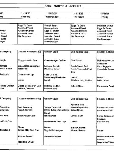 Dining Room Menu: November 9-15, 2025