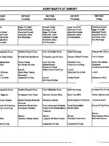 Dining Room Menu: September 14-20, 2025
