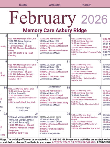 Memory Care Calendar: February 2026