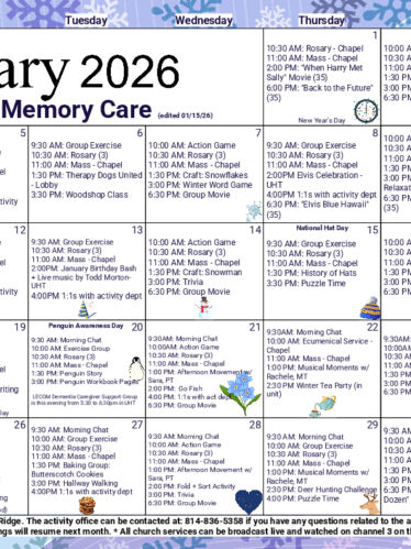 Memory Care Calendar: January 2026