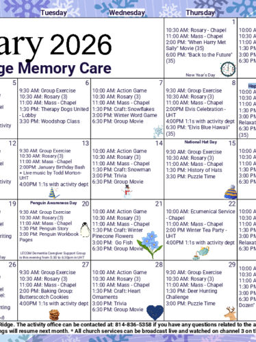 Memory Care Calendar: January 2026