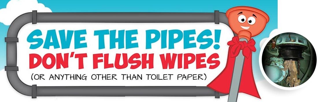 Save the Pipes Don't Flush Wipes or anything other than toilet paper.