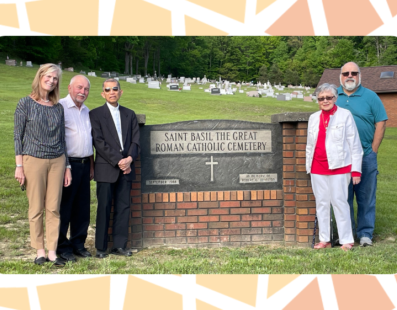 Lisa Louis (Executive Director) with Saint Basil Cemetery Committee members Richard Korlinchack, Fr. Zab Amar (Saint Basil Pastor), Donna Clarkson, and Hank Tatum