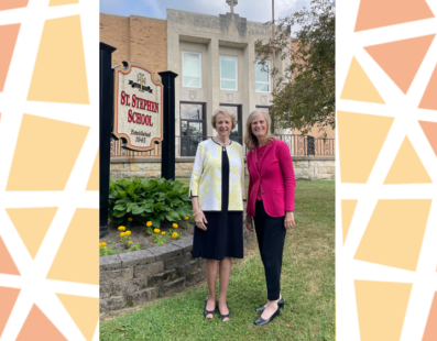 Kathryn Eisert and Lisa Louis, Executive Director, at Saint Stephen School in Oil City