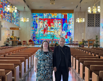 Maria Caulfield and Bishop Persico in the Saint Mark Catholic Center chapel