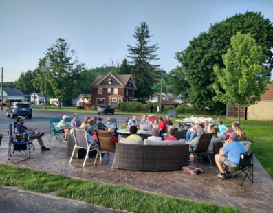 Adult Faith Formation session at new fire pit