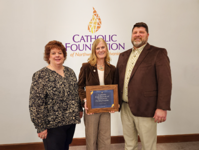 (l to r) Julia Cooney (Operations Director), Lisa Louis (Executive Director), and Jim Gallagher (Superintendent of Catholic Schools)