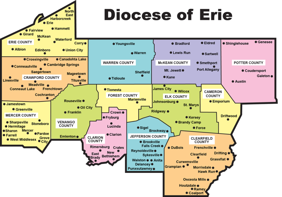 Map showing the locations of the Diocese of Erie