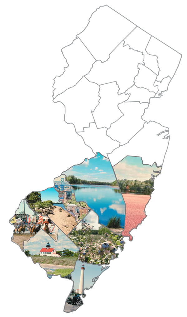 New Jersey map with photos representing southern counties map