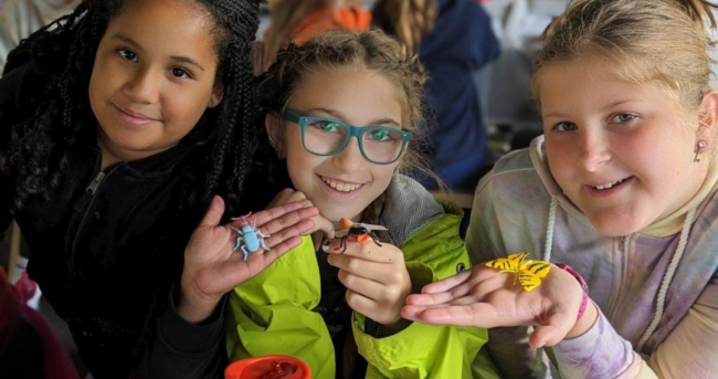 Day camp girls with fake bugs